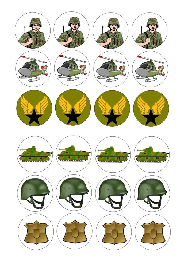 Cartoon Army Soldier Helicopter Emblem Tank Helmet Badge Edible Cupcake Topper Images ABPID00959 Supply